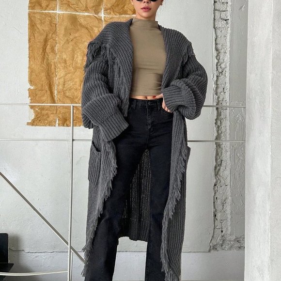 Grey Preppy Dazy Star Solid Color Long Cardigan With Large Lapel And Fringed Hem - Picture 3 of 5